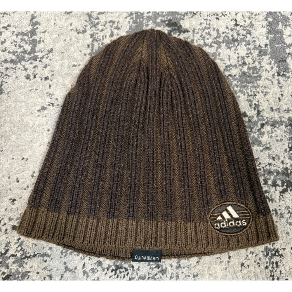 Adidas Climawarm Beanie Hat Brown Knit One Size Cotton Acrylic Logo